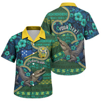Personalised Solomon Islands Independence Day Family Matching Off Shoulder Short Dress and Hawaiian Shirt Crocodile Hibiscus Tribal Pattern DT05 Son's Shirt Green - Polynesian Pride