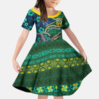 Personalised Solomon Islands Independence Day Family Matching Short Sleeve Bodycon Dress and Hawaiian Shirt Crocodile Hibiscus Tribal Pattern DT05 Daughter's Dress Green - Polynesian Pride