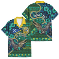 Personalised Solomon Islands Independence Day Family Matching Tank Maxi Dress and Hawaiian Shirt Crocodile Hibiscus Tribal Pattern DT05 Dad's Shirt - Short Sleeve Green - Polynesian Pride