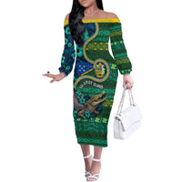 Personalised Solomon Islands Independence Day Off The Shoulder Long Sleeve Dress Crocodile Hibiscus Tribal Pattern