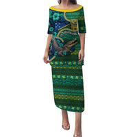 Personalised Solomon Islands Independence Day Puletasi Crocodile Hibiscus Tribal Pattern DT05 Long Dress Green - Polynesian Pride