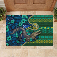 Solomon Islands Independence Day Rubber Doormat Crocodile Hibiscus Tribal Pattern DT05 Green - Polynesian Pride
