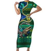 Personalised Solomon Islands Independence Day Short Sleeve Bodycon Dress Crocodile Hibiscus Tribal Pattern DT05 Long Dress Green - Polynesian Pride
