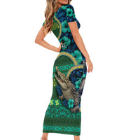 Personalised Solomon Islands Independence Day Short Sleeve Bodycon Dress Crocodile Hibiscus Tribal Pattern