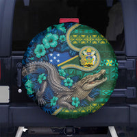 Solomon Islands Independence Day Spare Tire Cover Crocodile Hibiscus Tribal Pattern DT05 No hole Green - Polynesian Pride