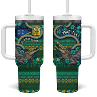 Personalised Solomon Islands Independence Day Tumbler With Handle Crocodile Hibiscus Tribal Pattern DT05 One Size: 40 oz Green - Polynesian Pride