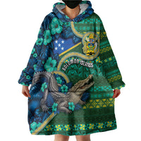 Personalised Solomon Islands Independence Day Wearable Blanket Hoodie Crocodile Hibiscus Tribal Pattern