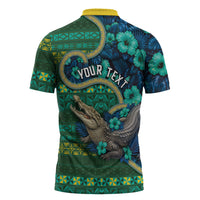 Personalised Solomon Islands Independence Day Zipper Polo Shirt Crocodile Hibiscus Tribal Pattern DT05 - Polynesian Pride