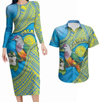 Personalised Palau Biib Bird Couples Matching Long Sleeve Bodycon Dress and Hawaiian Shirt Rur Flower And Rock Islands Patterns DT05 Blue - Polynesian Pride