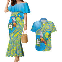 Personalised Palau Biib Bird Couples Matching Mermaid Dress and Hawaiian Shirt Rur Flower And Rock Islands Patterns DT05 Blue - Polynesian Pride