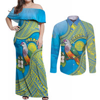 Personalised Palau Biib Bird Couples Matching Off Shoulder Maxi Dress and Long Sleeve Button Shirt Rur Flower And Rock Islands Patterns