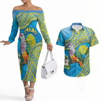 Personalised Palau Biib Bird Couples Matching Off The Shoulder Long Sleeve Dress and Hawaiian Shirt Rur Flower And Rock Islands Patterns DT05 Blue - Polynesian Pride