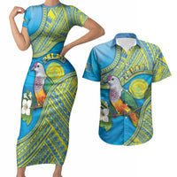 Personalised Palau Biib Bird Couples Matching Short Sleeve Bodycon Dress and Hawaiian Shirt Rur Flower And Rock Islands Patterns DT05 Blue - Polynesian Pride