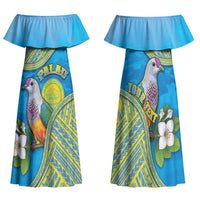 Personalised Palau Biib Bird Family Matching Off Shoulder Maxi Dress and Hawaiian Shirt Rur Flower And Rock Islands Patterns DT05 Mom's Dress Blue - Polynesian Pride