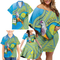 Personalised Palau Biib Bird Family Matching Off Shoulder Short Dress and Hawaiian Shirt Rur Flower And Rock Islands Patterns