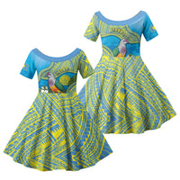 Personalised Palau Biib Bird Family Matching Off Shoulder Short Dress and Hawaiian Shirt Rur Flower And Rock Islands Patterns DT05 Daughter's Dress Blue - Polynesian Pride