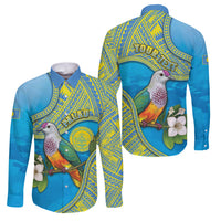 Personalised Palau Biib Bird Family Matching Puletasi and Hawaiian Shirt Rur Flower And Rock Islands Patterns DT05 Dad's Shirt - Long Sleeve Blue - Polynesian Pride
