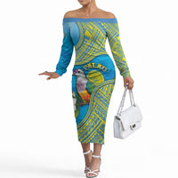 Personalised Palau Biib Bird Off The Shoulder Long Sleeve Dress Rur Flower And Rock Islands Patterns DT05 Women Blue - Polynesian Pride
