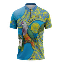 Personalised Palau Biib Bird Zipper Polo Shirt Rur Flower And Rock Islands Patterns DT05 Blue - Polynesian Pride