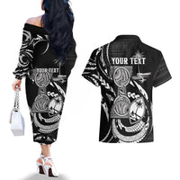 Personalised Guam Liberation Day Couples Matching Off The Shoulder Long Sleeve Dress and Hawaiian Shirt Black White Latte Stone Tribal Patterns