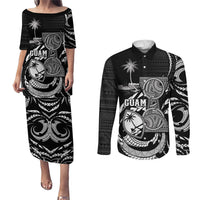 Personalised Guam Liberation Day Couples Matching Puletasi and Long Sleeve Button Shirt Black White Latte Stone Tribal Patterns DT05 Black - Polynesian Pride