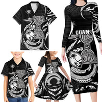 Personalised Guam Liberation Day Family Matching Long Sleeve Bodycon Dress and Hawaiian Shirt Black White Latte Stone Tribal Patterns
