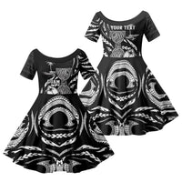 Personalised Guam Liberation Day Family Matching Long Sleeve Bodycon Dress and Hawaiian Shirt Black White Latte Stone Tribal Patterns DT05 Daughter's Dress Black - Polynesian Pride