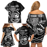 Personalised Guam Liberation Day Family Matching Off Shoulder Short Dress and Hawaiian Shirt Black White Latte Stone Tribal Patterns DT05 Mom's Dress Black - Polynesian Pride