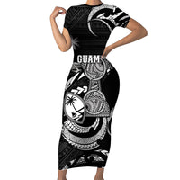 Personalised Guam Liberation Day Short Sleeve Bodycon Dress Black White Latte Stone Tribal Patterns DT05 Long Dress Black - Polynesian Pride