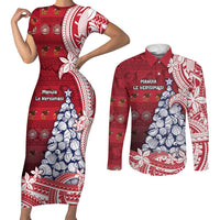 American Samoa Christmas Couples Matching Short Sleeve Bodycon Dress and Long Sleeve Button Shirt Seashell Xmas Tree Tribal Waves - Polynesian Pride