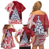 American Samoa Christmas Family Matching Off Shoulder Short Dress and Hawaiian Shirt Seashell Xmas Tree Tribal Waves - Polynesian Pride