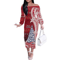 American Samoa Christmas Off The Shoulder Long Sleeve Dress Seashell Xmas Tree Tribal Waves - Polynesian Pride