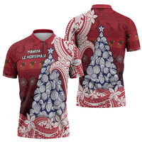 American Samoa Christmas Zipper Polo Shirt Seashell Xmas Tree Tribal Waves - Polynesian Pride
