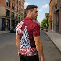 American Samoa Christmas Zipper Polo Shirt Seashell Xmas Tree Tribal Waves - Polynesian Pride