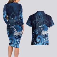 New Zealand Matariki Couples Matching Long Sleeve Bodycon Dress and Hawaiian Shirt Maori Tui Bird Blue Galaxy DT05 - Polynesian Pride
