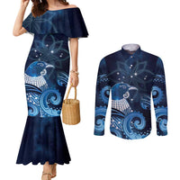 New Zealand Matariki Couples Matching Mermaid Dress and Long Sleeve Button Shirt Maori Tui Bird Blue Galaxy DT05 Blue - Polynesian Pride