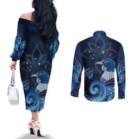 New Zealand Matariki Couples Matching Off The Shoulder Long Sleeve Dress and Long Sleeve Button Shirt Maori Tui Bird Blue Galaxy DT05 - Polynesian Pride