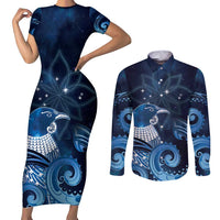 New Zealand Matariki Couples Matching Short Sleeve Bodycon Dress and Long Sleeve Button Shirt Maori Tui Bird Blue Galaxy DT05 Blue - Polynesian Pride