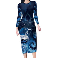 New Zealand Matariki Family Matching Long Sleeve Bodycon Dress and Hawaiian Shirt Maori Tui Bird Blue Galaxy DT05 Mom's Dress Blue - Polynesian Pride