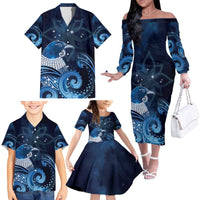 New Zealand Matariki Family Matching Off The Shoulder Long Sleeve Dress and Hawaiian Shirt Maori Tui Bird Blue Galaxy DT05 - Polynesian Pride