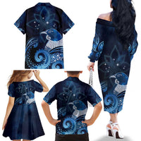 New Zealand Matariki Family Matching Off The Shoulder Long Sleeve Dress and Hawaiian Shirt Maori Tui Bird Blue Galaxy DT05 - Polynesian Pride