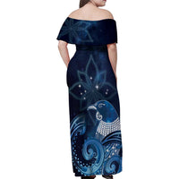 New Zealand Matariki Family Matching Off Shoulder Maxi Dress and Hawaiian Shirt Maori Tui Bird Blue Galaxy DT05 - Polynesian Pride