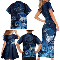 New Zealand Matariki Family Matching Short Sleeve Bodycon Dress and Hawaiian Shirt Maori Tui Bird Blue Galaxy DT05 - Polynesian Pride