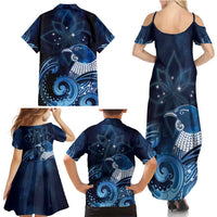 New Zealand Matariki Family Matching Summer Maxi Dress and Hawaiian Shirt Maori Tui Bird Blue Galaxy DT05 - Polynesian Pride
