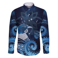 New Zealand Matariki Family Matching Summer Maxi Dress and Hawaiian Shirt Maori Tui Bird Blue Galaxy DT05 Dad's Shirt - Long Sleeve Blue - Polynesian Pride