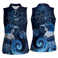 New Zealand Matariki Women Sleeveless Polo Shirt Maori Tui Bird Blue Galaxy DT05 - Polynesian Pride