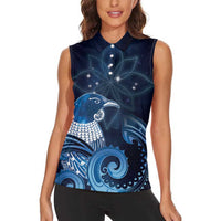 New Zealand Matariki Women Sleeveless Polo Shirt Maori Tui Bird Blue Galaxy DT05 - Polynesian Pride
