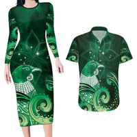 New Zealand Matariki Couples Matching Long Sleeve Bodycon Dress and Hawaiian Shirt Maori Tui Bird Green Galaxy DT05 Green - Polynesian Pride