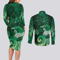 New Zealand Matariki Couples Matching Long Sleeve Bodycon Dress and Long Sleeve Button Shirt Maori Tui Bird Green Galaxy DT05 - Polynesian Pride