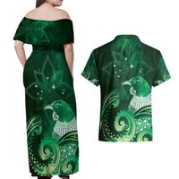 New Zealand Matariki Couples Matching Off Shoulder Maxi Dress and Hawaiian Shirt Maori Tui Bird Green Galaxy DT05 - Polynesian Pride
